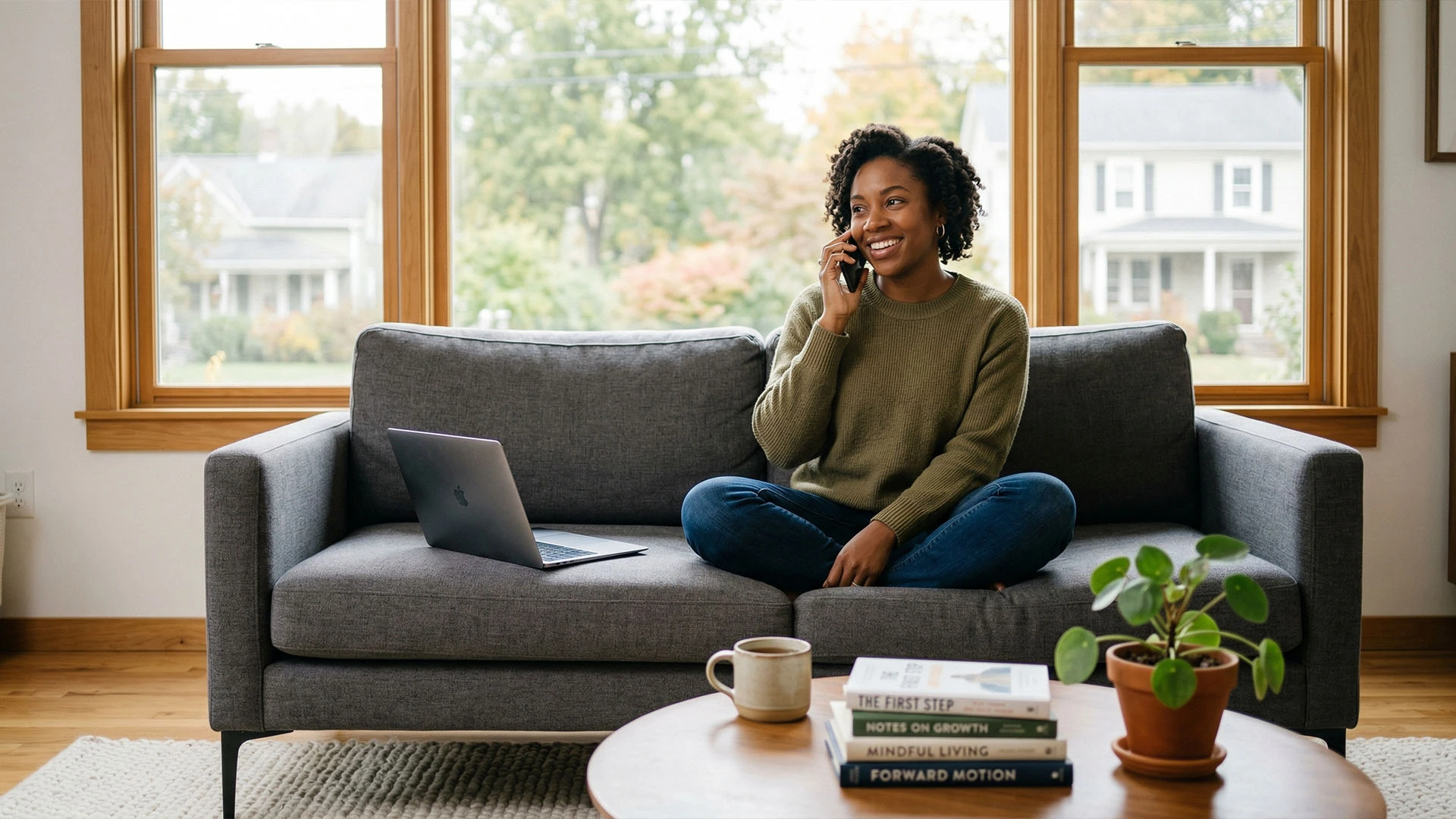 Young woman sitting on couch reviewing insurance options on her phone
